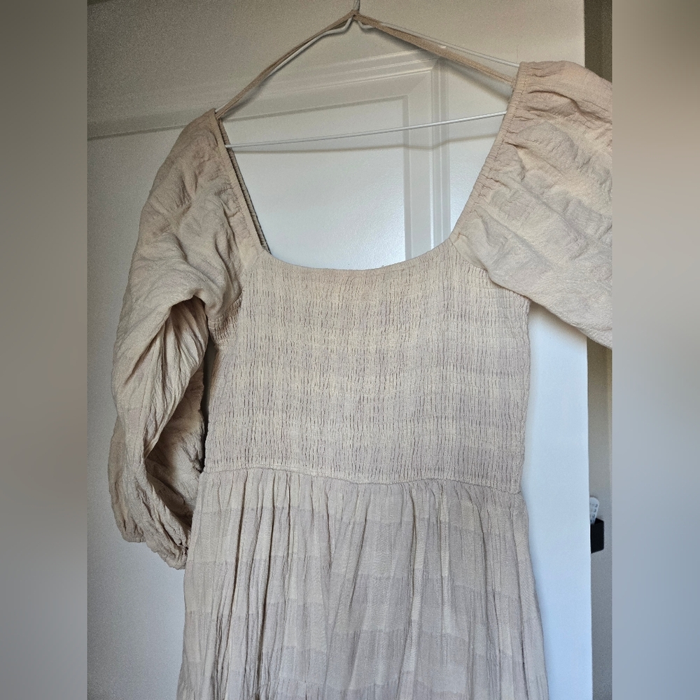Smocked Square-Neck Midi Dress in Beige - Picture 4 of 4